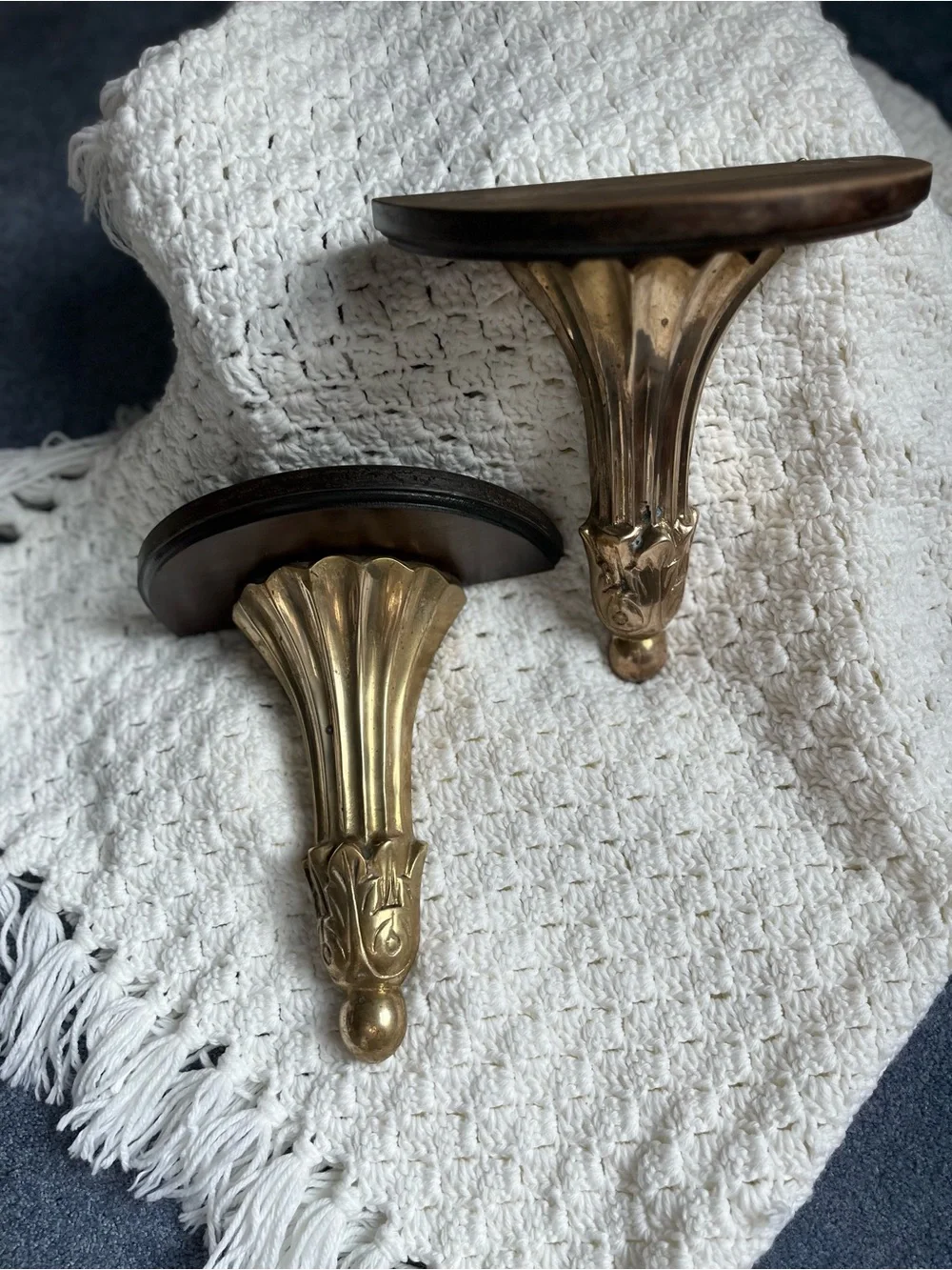 Ornate Vintage Brass and Dark Wood Wall Shelf Brackets - Pair
